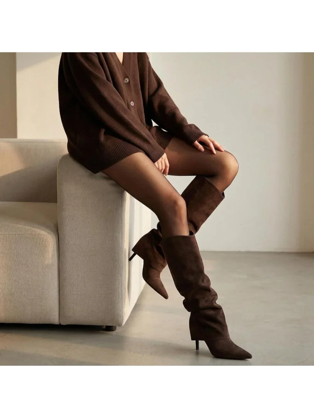Women's Brown Suede Stiletto High Heels Pointed Toe Fold Over Knee High Boots